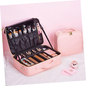 حقيبة مكياج جلدية -  وردي 